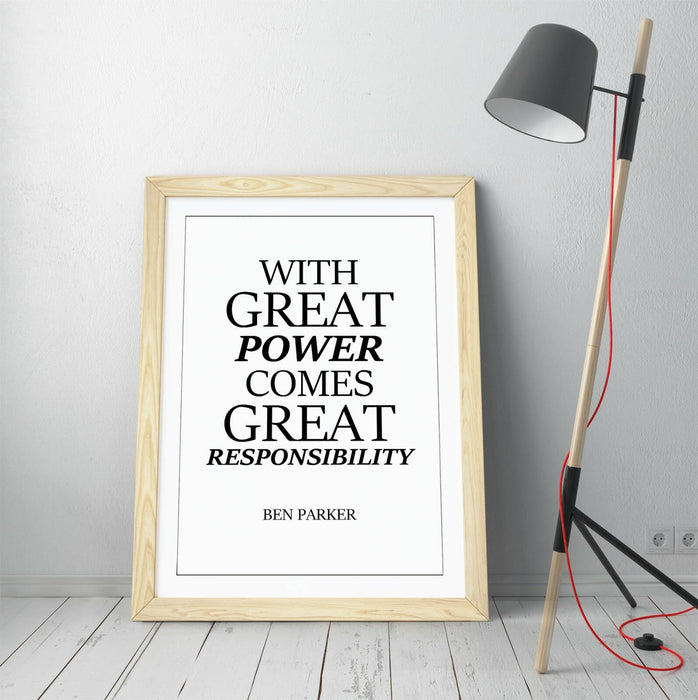 GREAT POWER GREAT RESPONSIBILITY, SPIDERMAN QUOTE -FRAMED WALL ART PICTURE PRINT