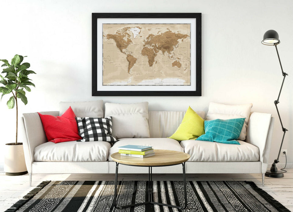 VINTAGE WORLD MAP -ART FRAMED POSTER PICTURE PRINT ARTWORK- BEIGE