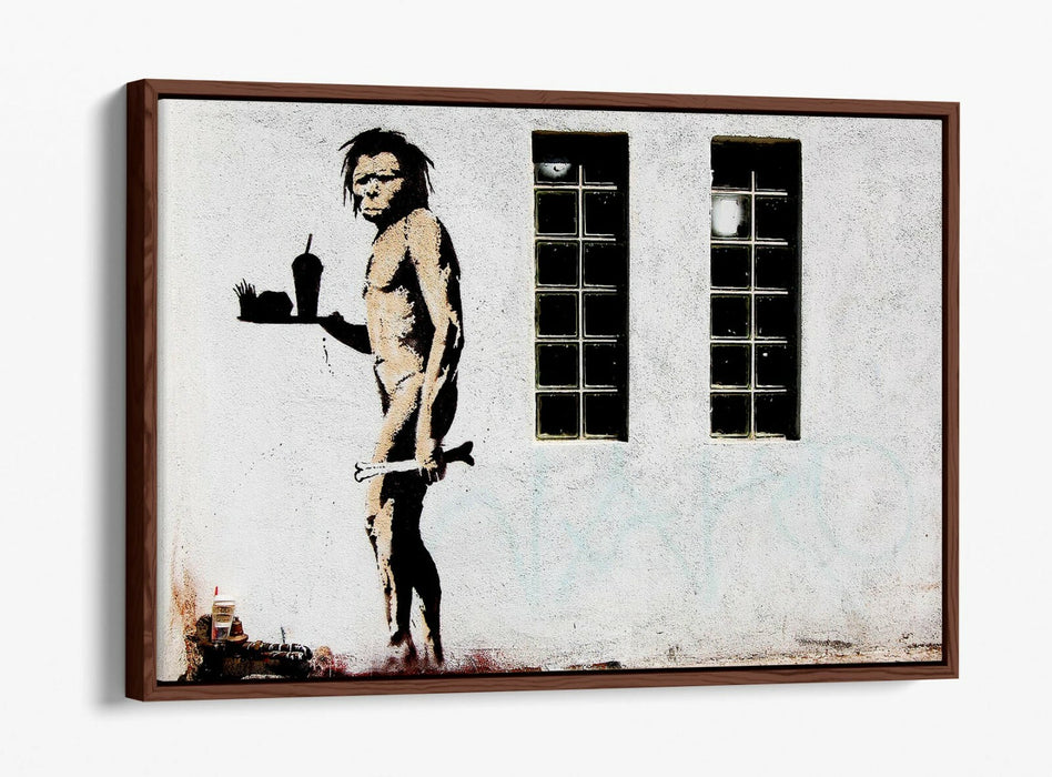 BANKSY FAST FOOD CAVEMAN -FLOAT EFFECT CANVAS WALL ART PIC PRINT- GREY BLACK