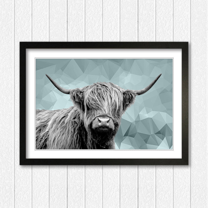 Highland Cow Wall Art – Framed Poster Print With Duck Egg Blue Geometric Decor