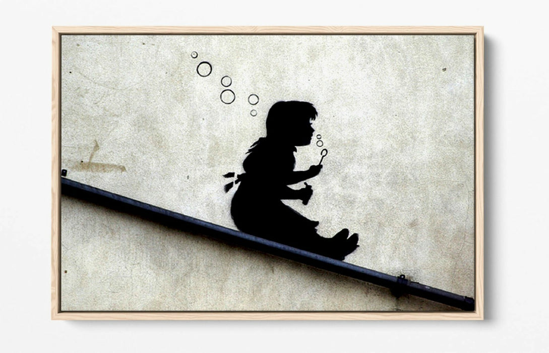 BANKSY GIRL SLIDE -FLOAT EFFECT CANVAS WALL ART PIC PRINT- BLACK & WHITE