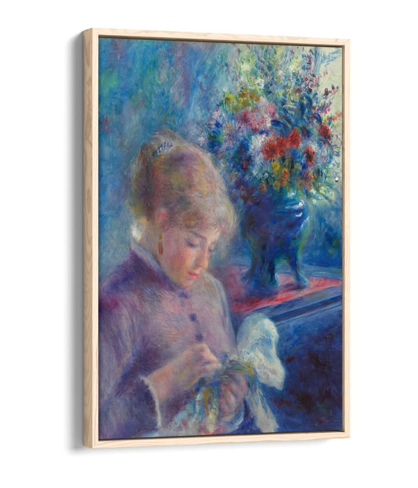 PIERRE AUGUSTE RENOIR, YOUNG WOMAN SEWING -FLOAT EFFECT CANVAS WALL ART PRINT