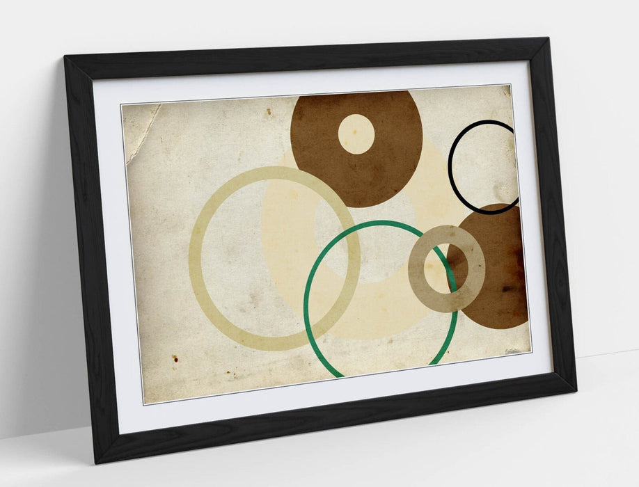 Abstract Framed Poster - Brown Abstract Shapes Bedroom Wall Art with Woodgrain Frame