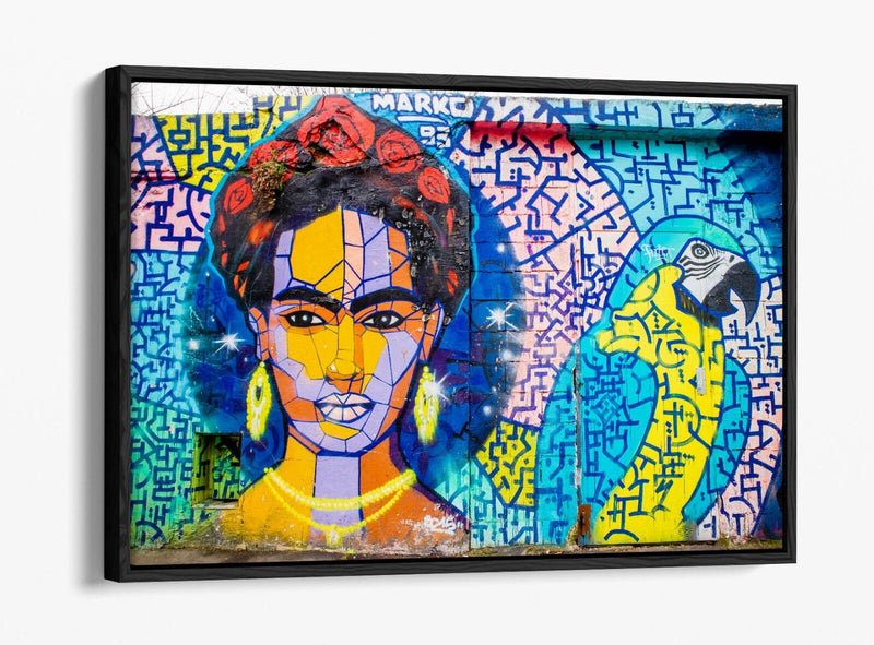 Frida Kahlo Canvas Art - Colorful Parrot Graffiti Decor | Float Effect Wall Print
