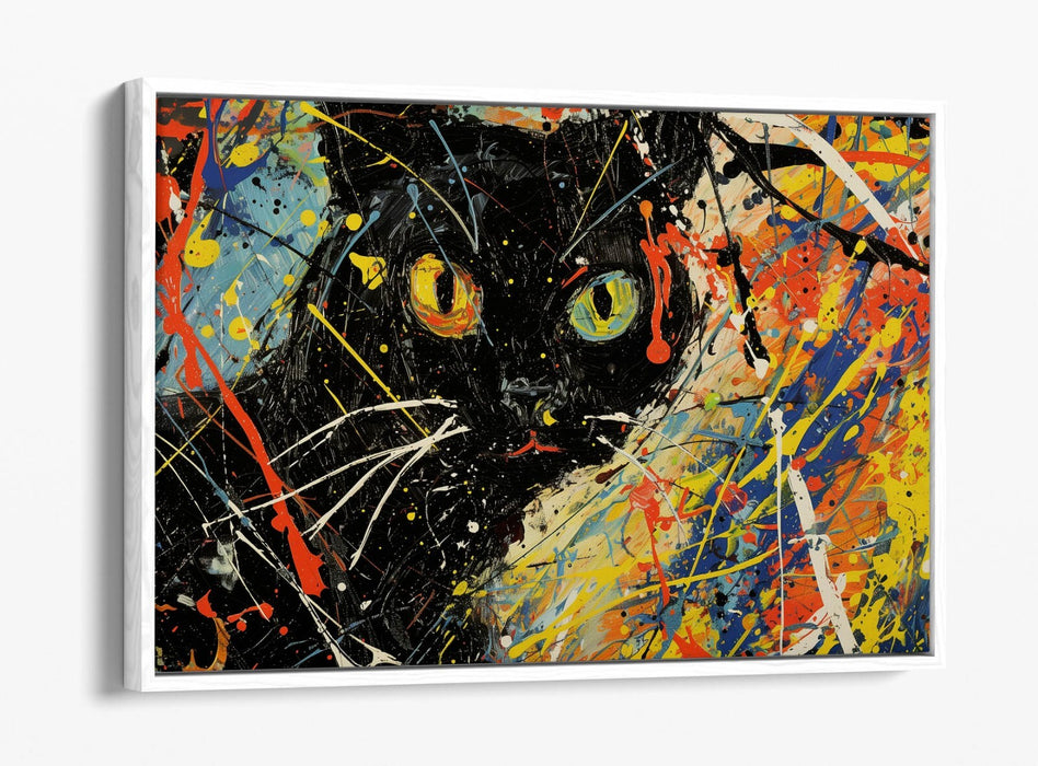 Black Cat Canvas Art - Jackson Pollock Style Float Effect Modern Cat Artwork