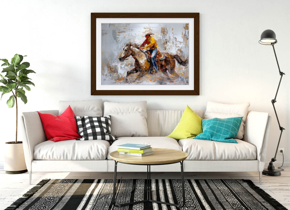 Cowboy Riding Horse Art – Framed Wall Art With Woodgrain Frame & Matte Finish Poster
