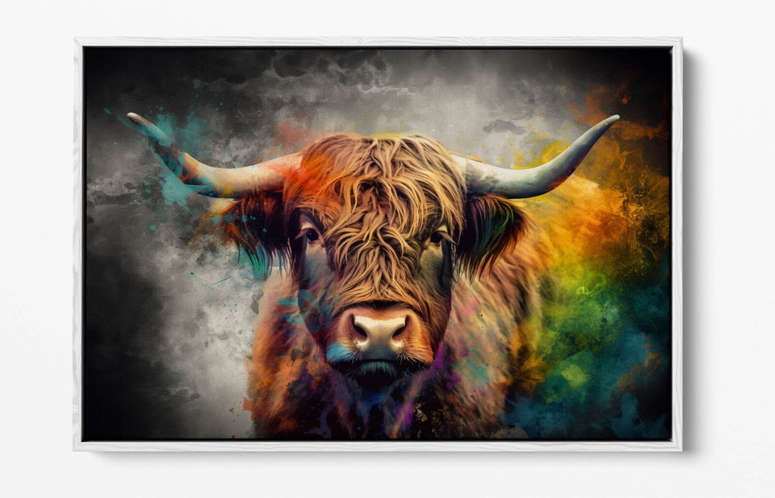 Canvas Wall Art – Highland Cow Multi Colour Print | Float Effect Frame, Handmade