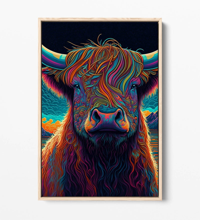 Highland Cow Canvas - Vibrant Colorful Cow Portrait | Float Effect Wall Art