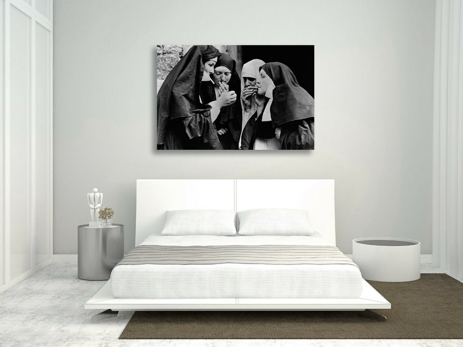 Vintage Canvas Wall Art – Nuns Smoking Artwork | Handmade Framed Canvas Print