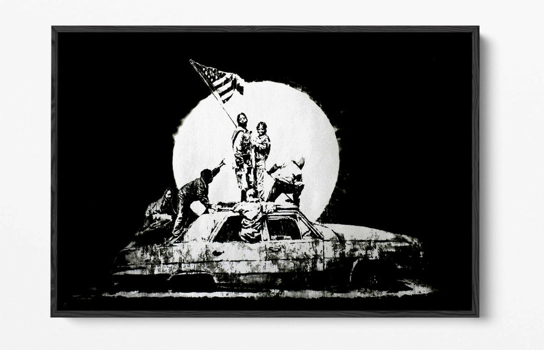 BANKSY FLAGS -FLOAT EFFECT CANVAS WALL ART PIC PRINT- BLACK & WHITE