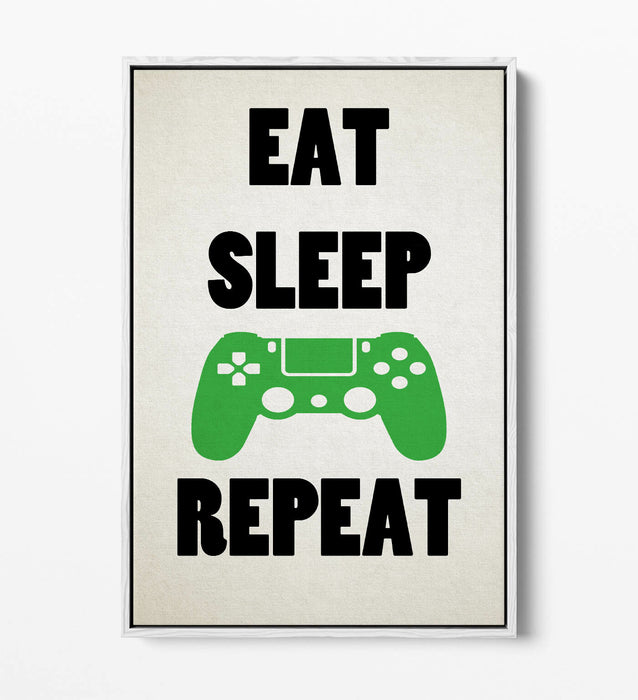 "EAT SLEEP GAME REPEAT" FUNNY GAMER QUOTE -FLOAT EFFECT CANVAS WALL ART PRINT