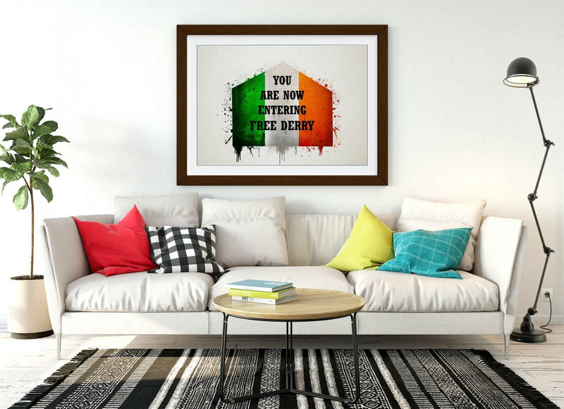 Framed Wall Art - Derry Wall Decor With Irish Flag Print & Woodgrain Frame Finish