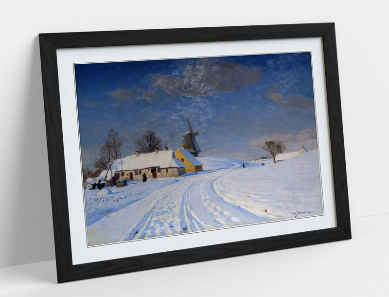 Framed Art Print - Snowy Landscape Wall Art Poster with Wood Grain Frame