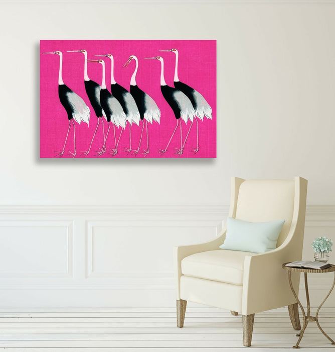 PINK CANVAS WALL ART PRINT PICTURE ARTWORK ORIENTAL CRANES  HAPPINESS JAPANESE