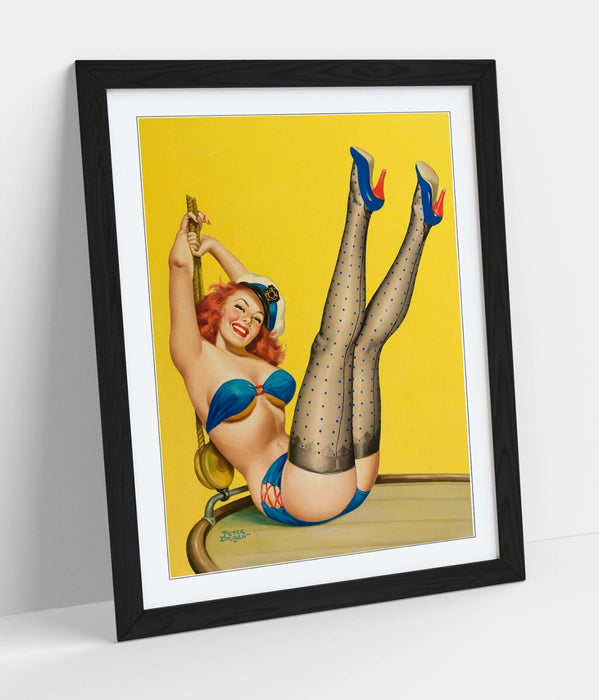 Vintage Pin Up Poster – Framed Wall Art | Retro Sailor Print With Wood Grain Frame
