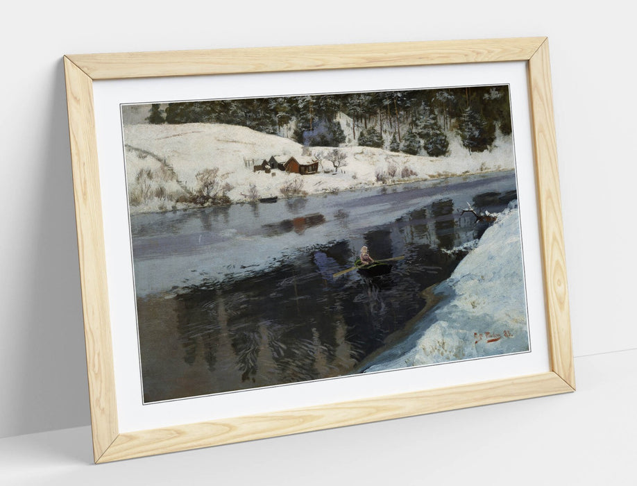 Framed Wall Art – Frits Thaulow Winter River Painting with Woodgrain Frame