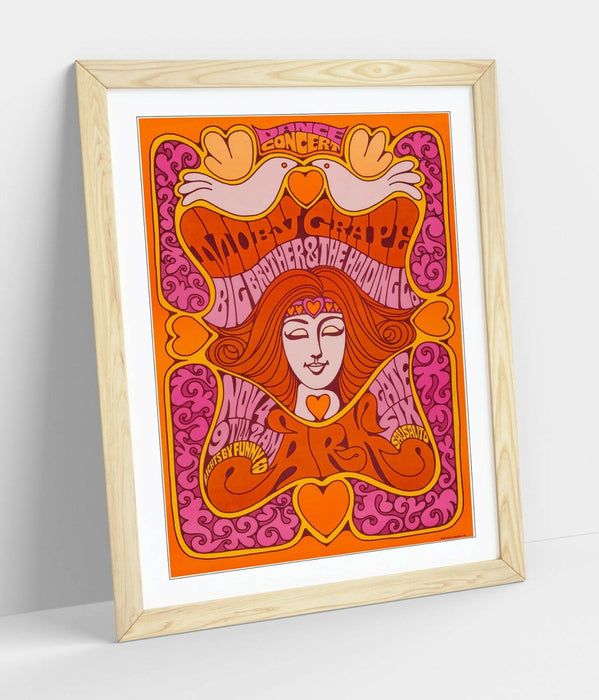 Vintage Music Poster – Psychedelic Wall Art With Woodgrain Frame & Archival Ink Print