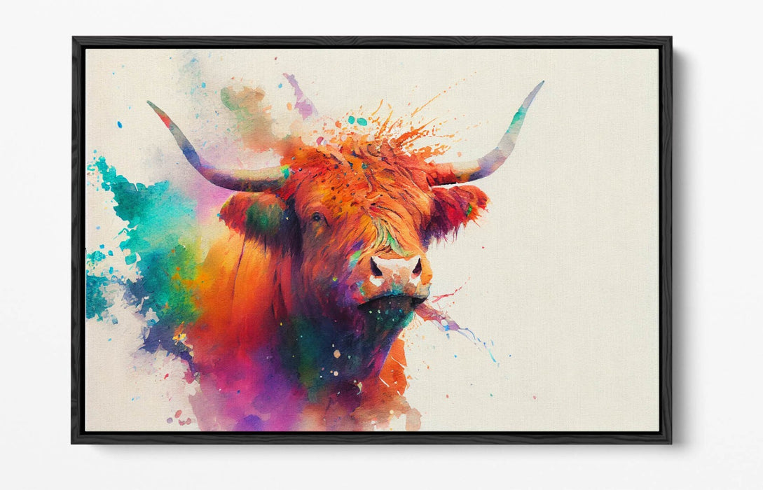 COLOURFUL HIGHLAND COW WATERCOLOUR SPLASH FLOAT EFFECT CANVAS ART PIC PRINT