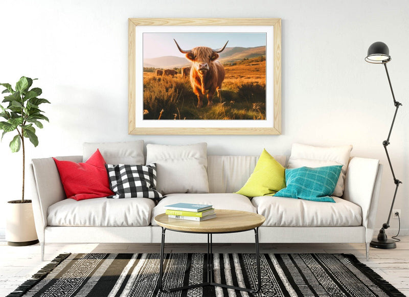 Highland Cows Wall Art – Framed Animal Landscape Print With Woodgrain Frame