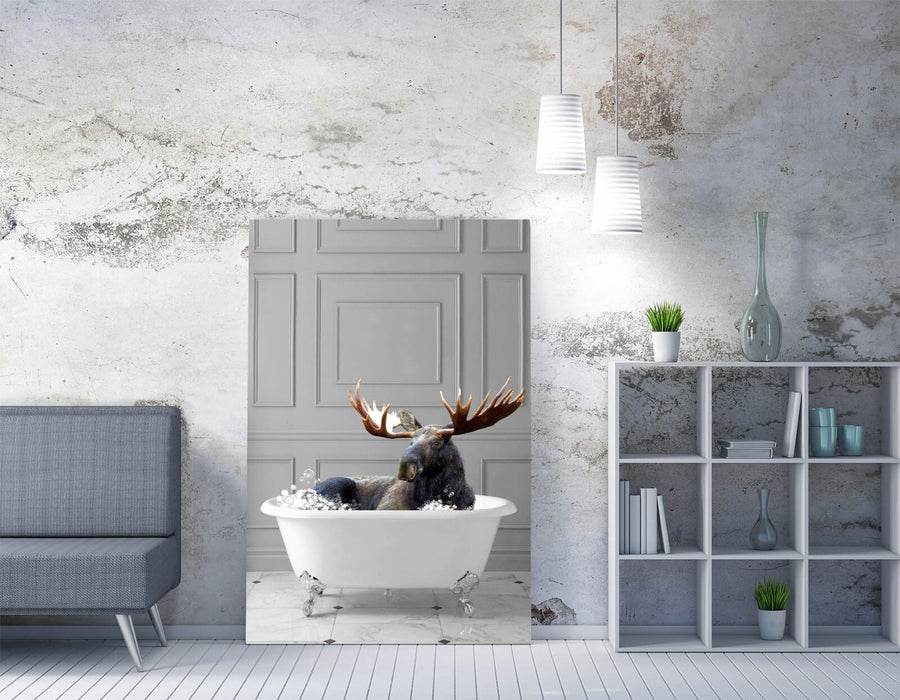 MOOSE IN BATHTUB -QUIRKY CANVAS WALL ART PRINT ARTWORK ANIMAL FRAMED BATHROOM