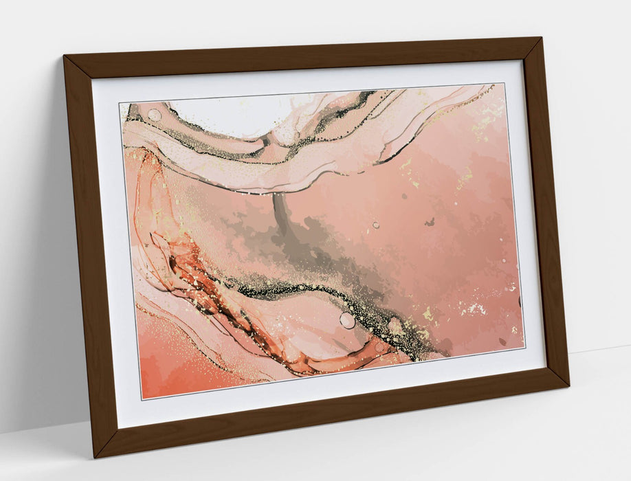 Framed Wall Art - Abstract Marble Print Pink Background With Woodgrain Frame
