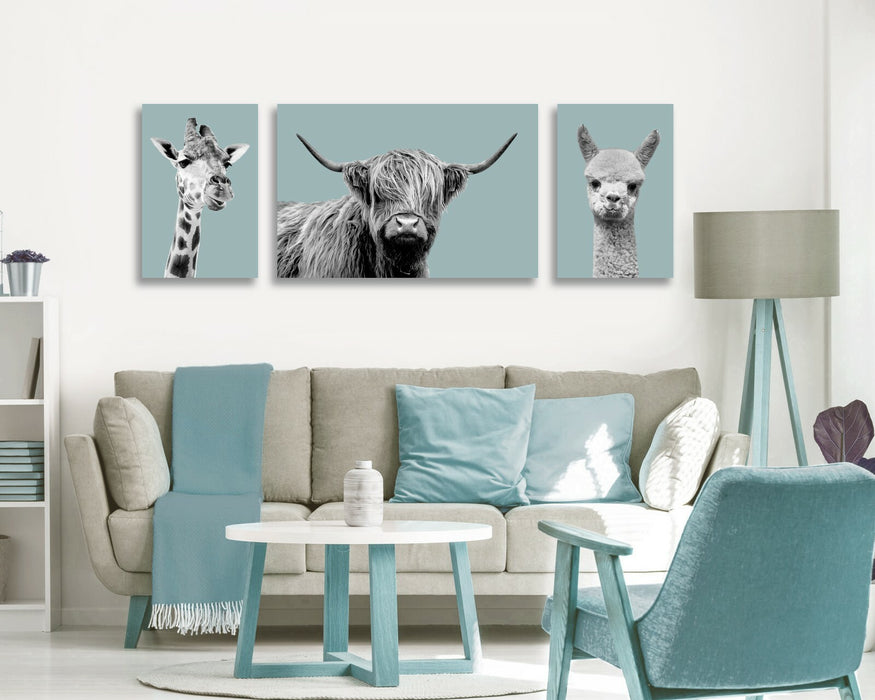 DUCK EGG BLUE ANIMAL COLLECTION HIGHLAND COW GIRAFFE CANVAS WALL ART PRINT