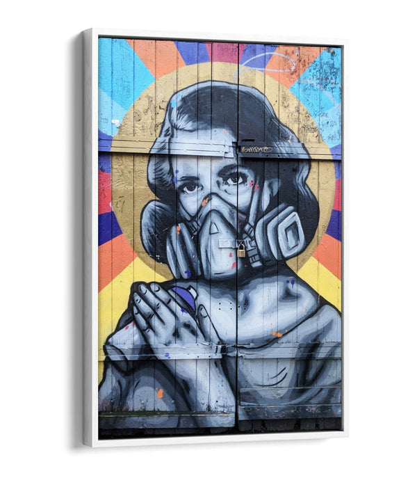 WOMAN GAS MASK EAST LONDON GRAFFITI 1 -FLOAT EFFECT CANVAS WALL ART PIC PRINT