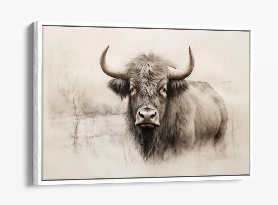 Highland Cow Canvas | Charcoal Sketch Print on Float Effect Canvas Wall Art