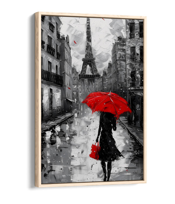 Red Umbrella Canvas - Paris City Black White Print | Handmade Wall Art Float Effect