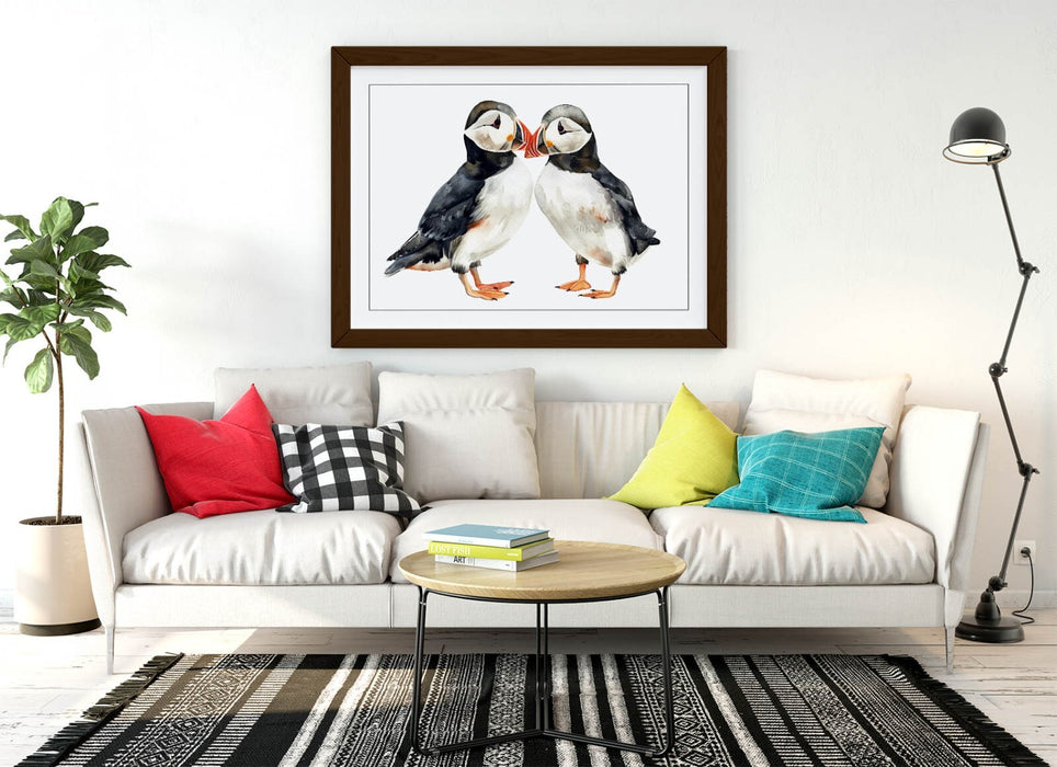 Puffins Wall Art – Framed Cute Animal Poster With Woodgrain Frame Print