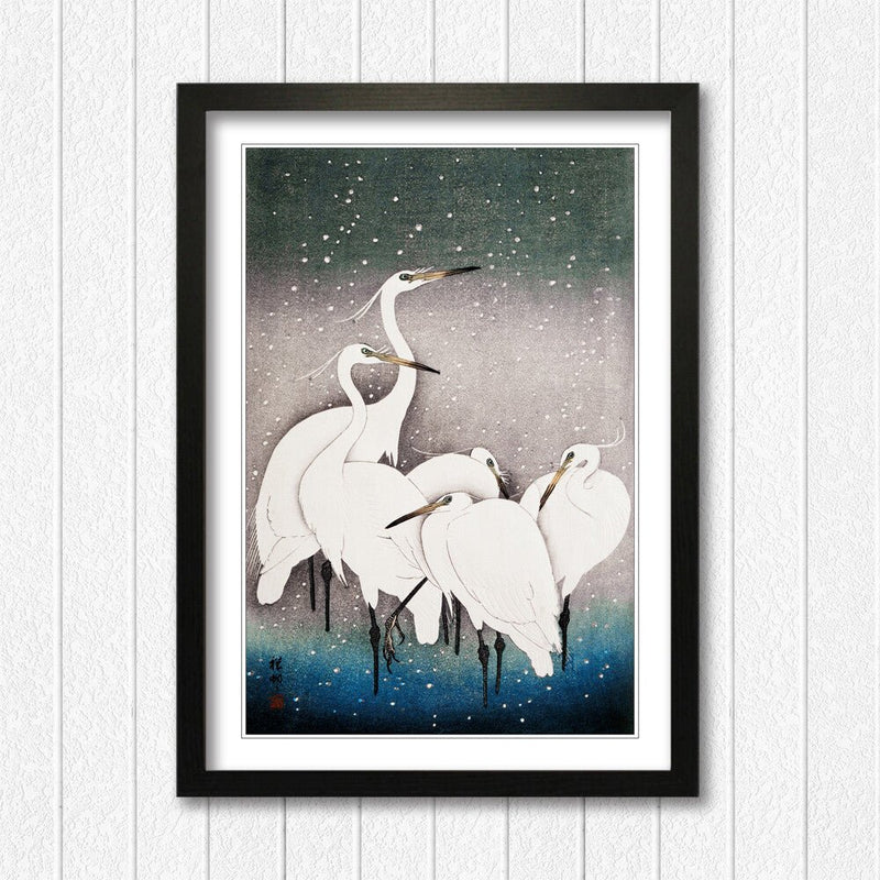 Oriental Framed Wall Art – Japanese Crane Poster with Woodgrain Frame Design