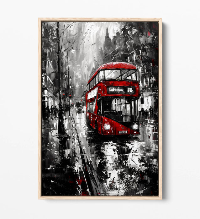 Canvas Wall Art - Black White Cityscape Red Bus Print | Handmade Premium Float Effect