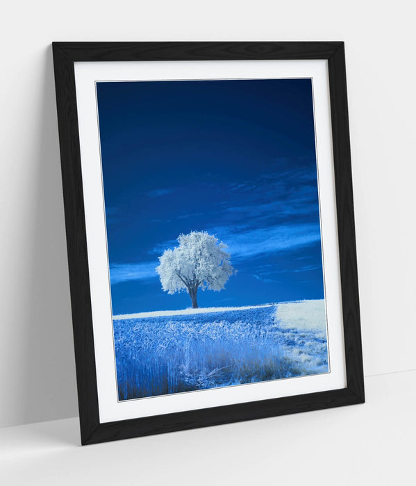 Framed Wall Art - Abstract White Tree Poster in Blue Landscape | Handmade Decor