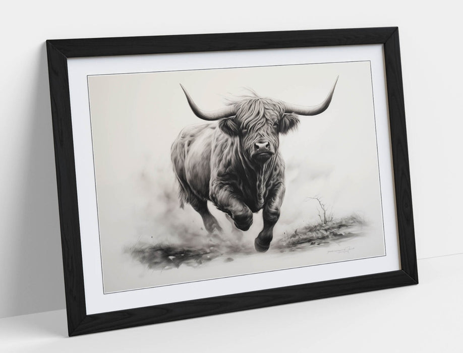 Highland Cow Wall Art – Framed Charcoal Sketch Print | Rustic Animal Decor