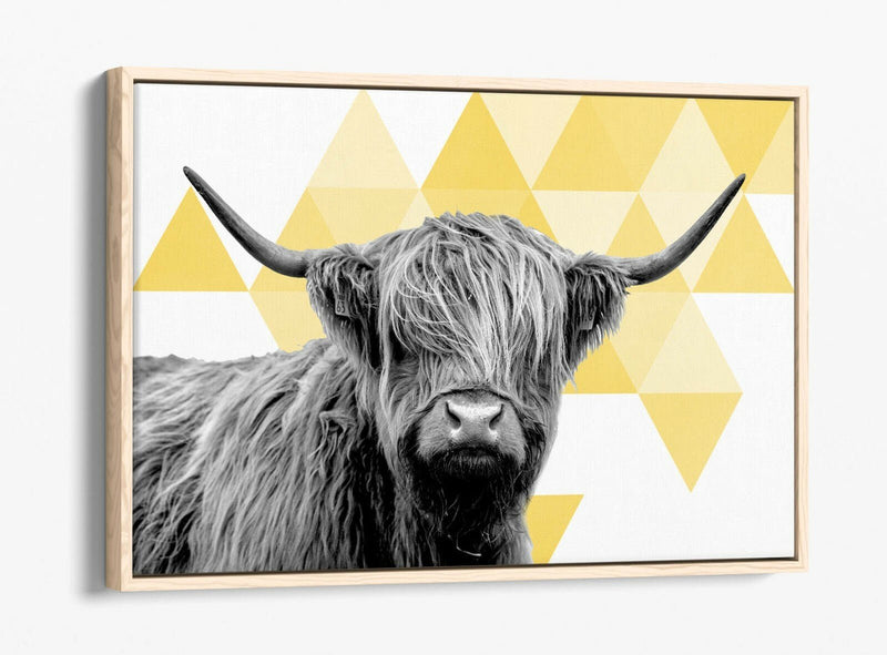Canvas Wall Art - Highland Cow Geometric Print With Float Effect & Vibrant Colors