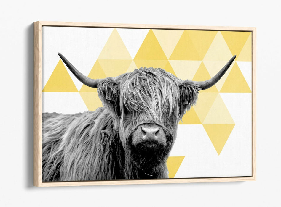 HIGHLAND COW YELLOW SPARSE GEOMETRIC -FLOAT EFFECT CANVAS WALL ART PIC PRINT