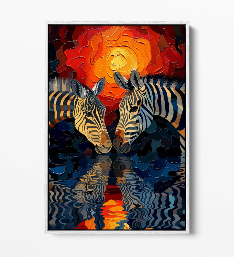 Canvas Wall Art Featuring Two Zebras | Handmade Float Effect Sunset Print