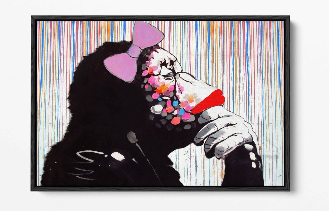 BANKSY DJ MONKEY RAIN FEMALE -FLOAT EFFECT CANVAS WALL ART PIC PRINT- WHITE
