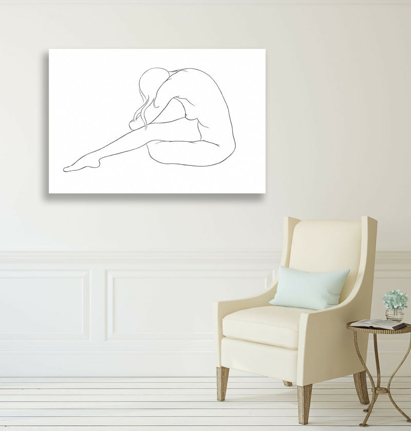 Canvas Wall Art - Black and White Nude Woman Line Drawing Artwork on Premium Canvas