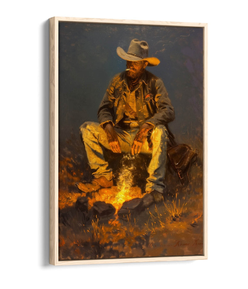 Canvas Art Print – Western Cowboy Campfire Scene With Premium Float Frame