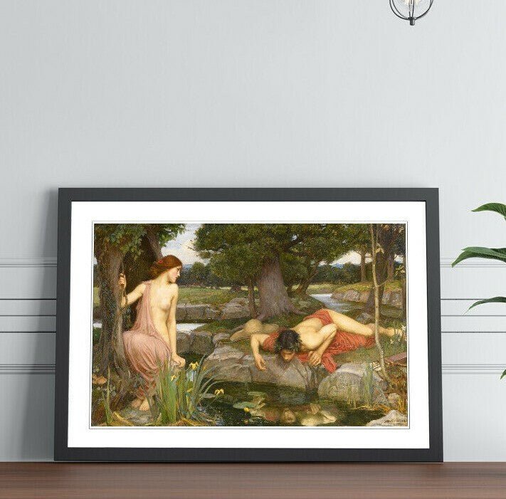Echo Narcissus Framed Art – Waterhouse Art Print With Woodgrain Faux Frame
