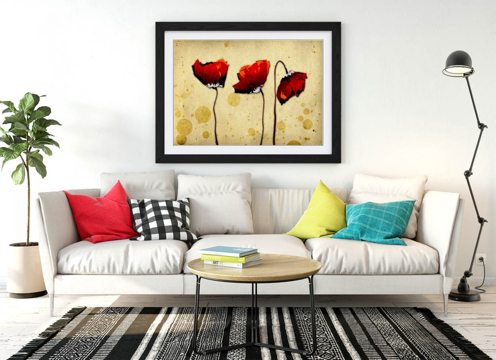 Abstract Flower Art - Red Poppies Print | Framed Wall Art with Woodgrain Frame