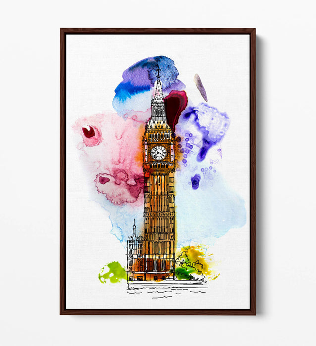 Canvas Wall Art – Big Ben London Watercolour Splash With Float Effect Frame