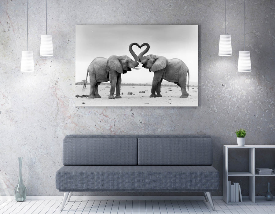 Canvas Wall Art - Black and White Elephants Love Heart Home Decor Print