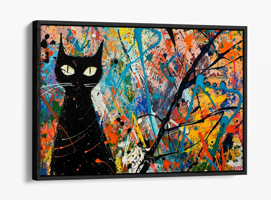Black Cat Canvas Art – Jackson Pollock Style Float Effect Print on Premium Frame