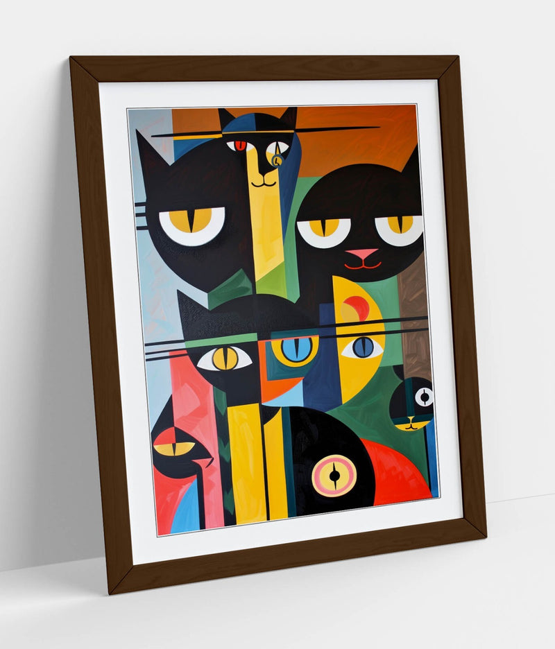 Bauhaus Cat Wall Art – Abstract Cat Poster Framed Wall Decor in Wood Grain Frame