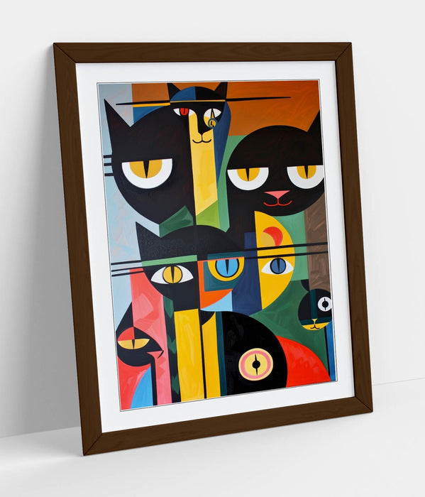 Bauhaus Cat Wall Art – Abstract Cat Poster Framed Wall Decor in Wood Grain Frame