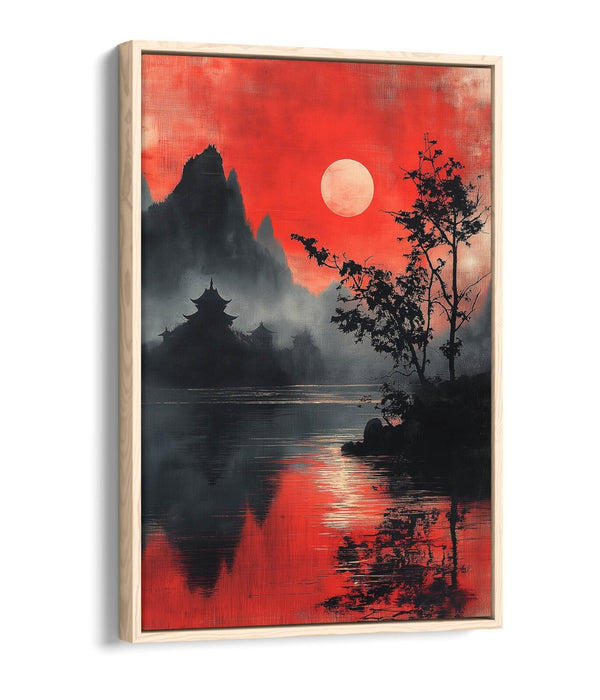 Chinese Landscape Canvas - Float Effect Art on Red Black Handmade Canvas Print