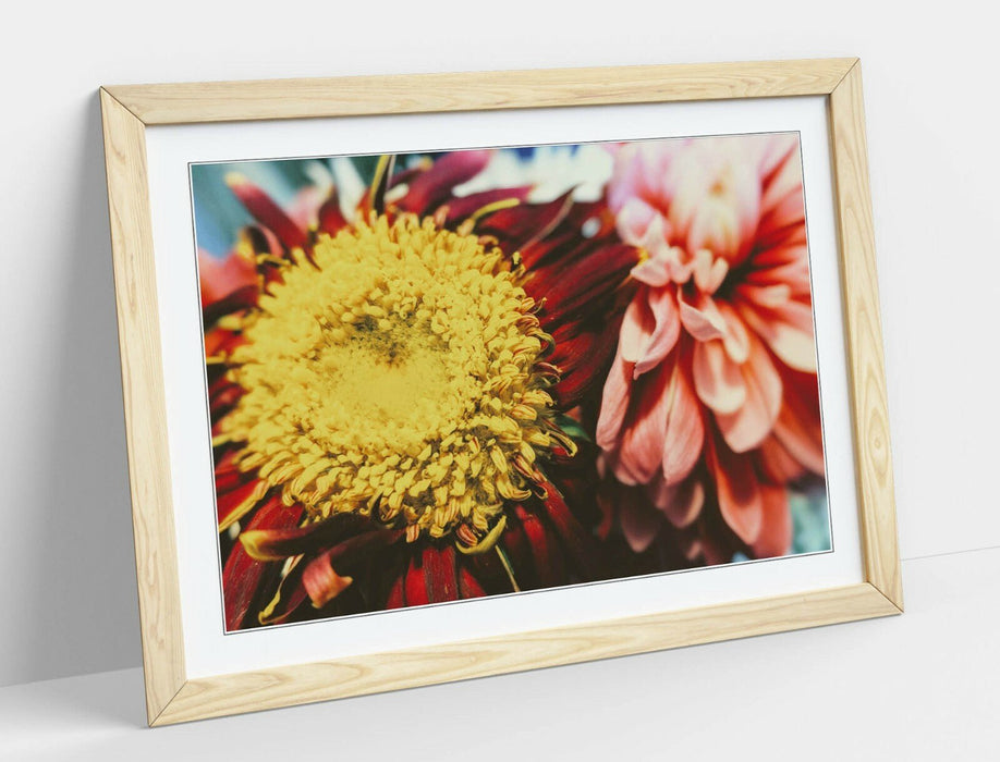 Framed Flower Poster – Vintage Floral Art with Woodgrain Effect Frame | Handmade Print