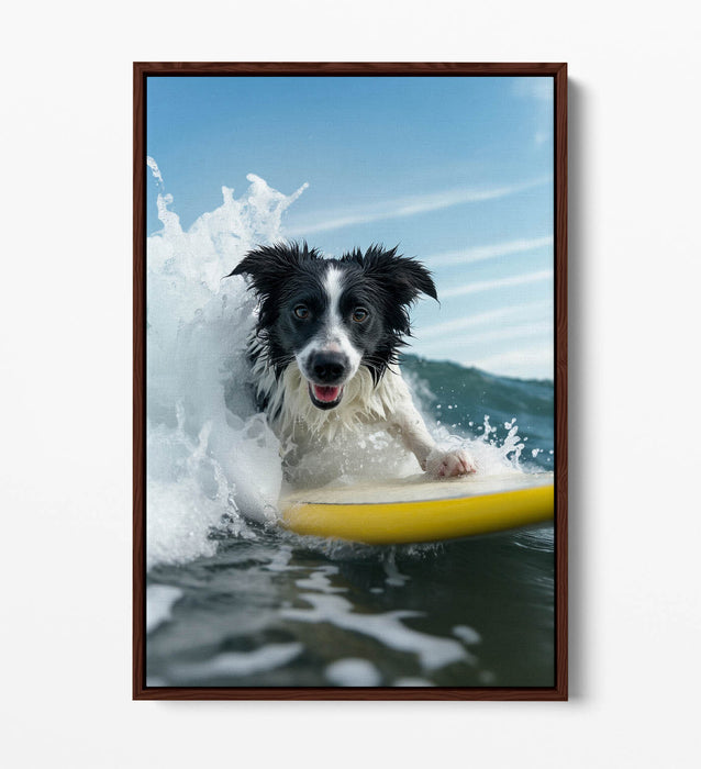 Border Collie Canvas - Funny Surfing Dog Art | Float Effect Handmade Wall Art
